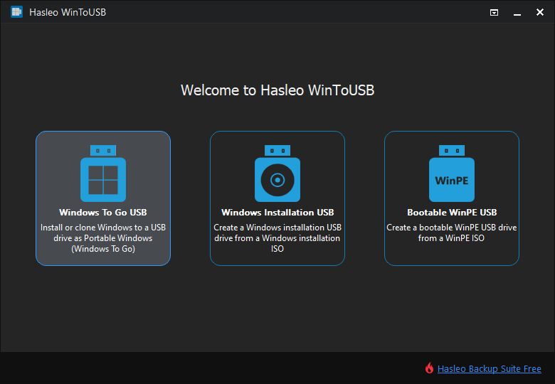 WinToUSB home screen with Windows To Go creator button
