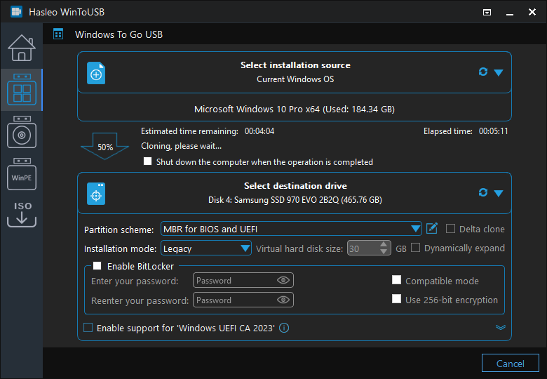 clone currently running Windows as Windows To Go