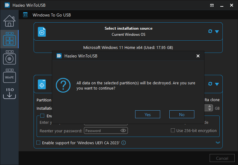 partitin will be destoryed prompt