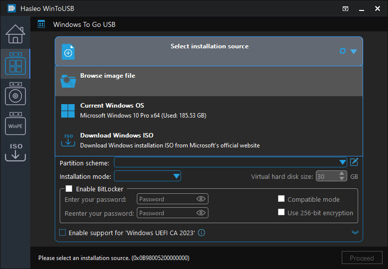 Select installation source for Windows To Go