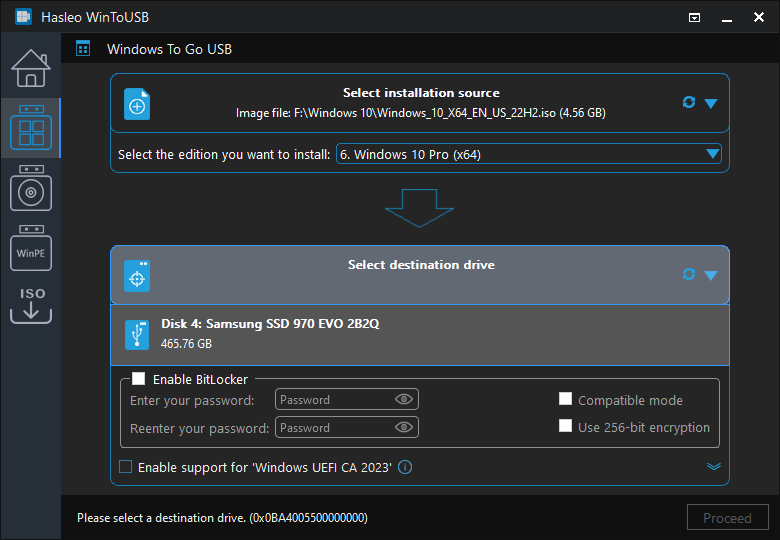 Selecting the destination USB drive for the Windows live USB