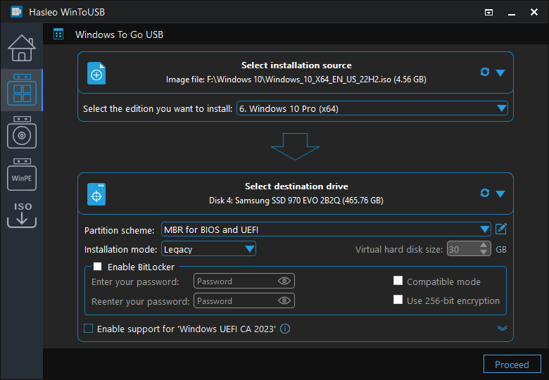 Selecting the partition scheme and installation mode for the Windows live USB