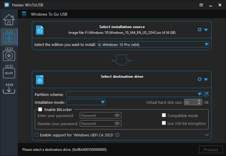 Selecting the Windows edition to install on the live USB