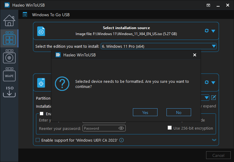 Warning: Drive will be formatted confirmation