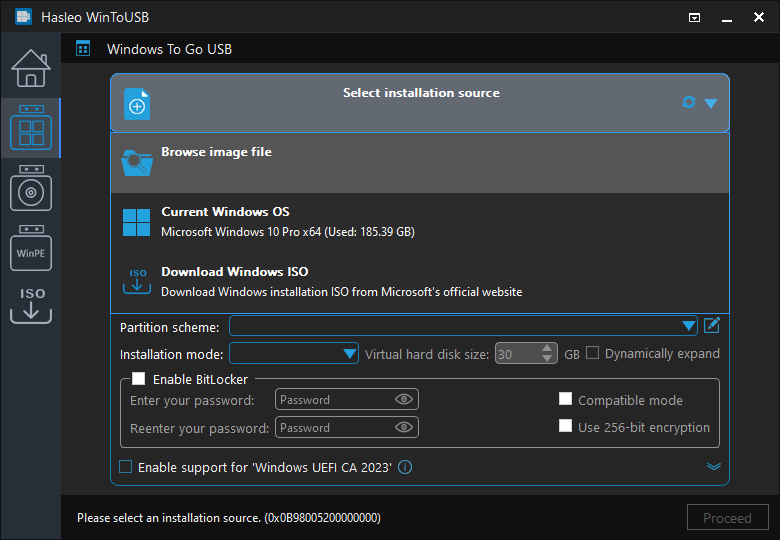 Select Windows installation source