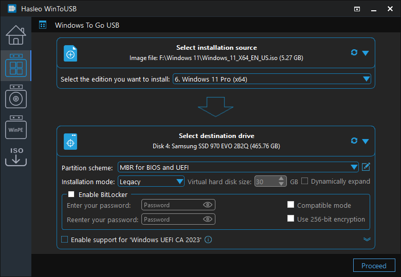 Choose partition scheme and installation mode in WinToUSB