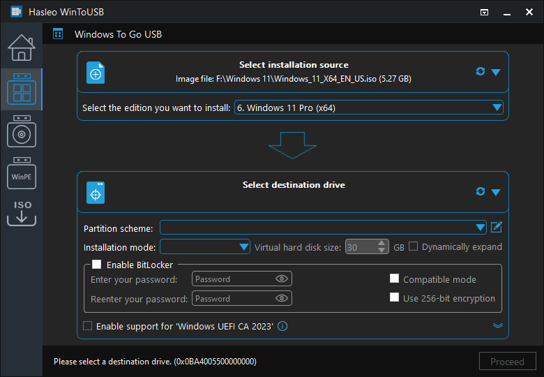 Choose Windows edition dialog in WinToUSB